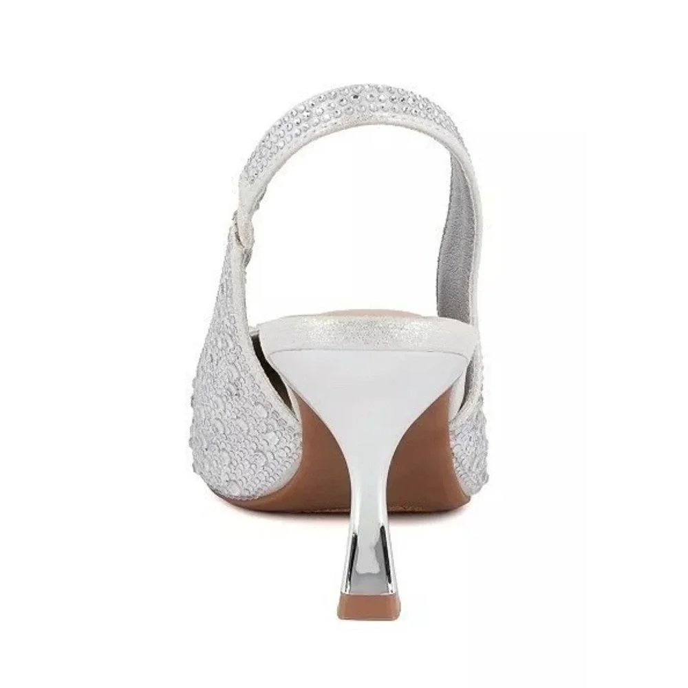 NWOT Mucccute Silver Rhinestone Slingback Pointed‎ Toe Sculptural Heel  Gala 7.5